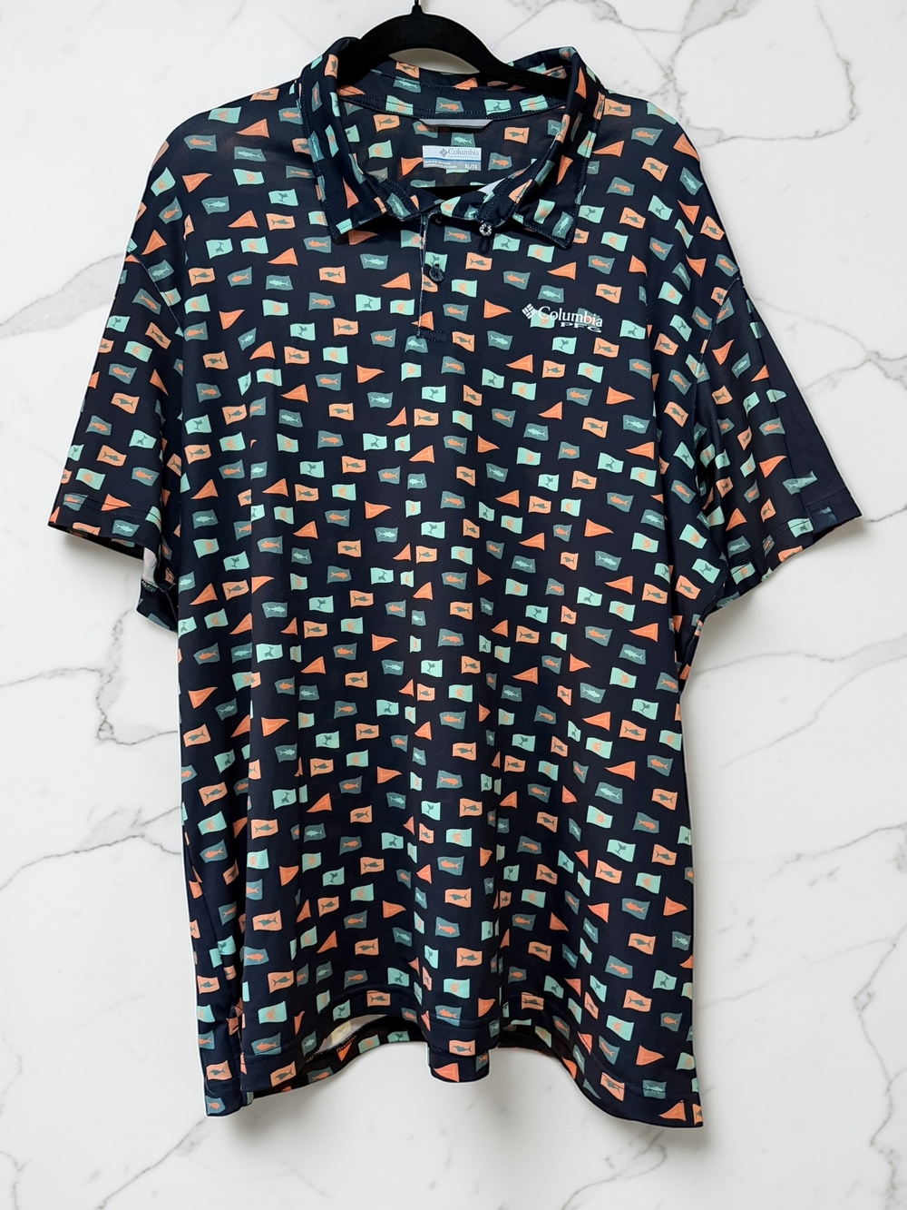 Columbia PFG Polo Shirt Mens XL Fish Print Blue Short Sleeve Performance Fishing